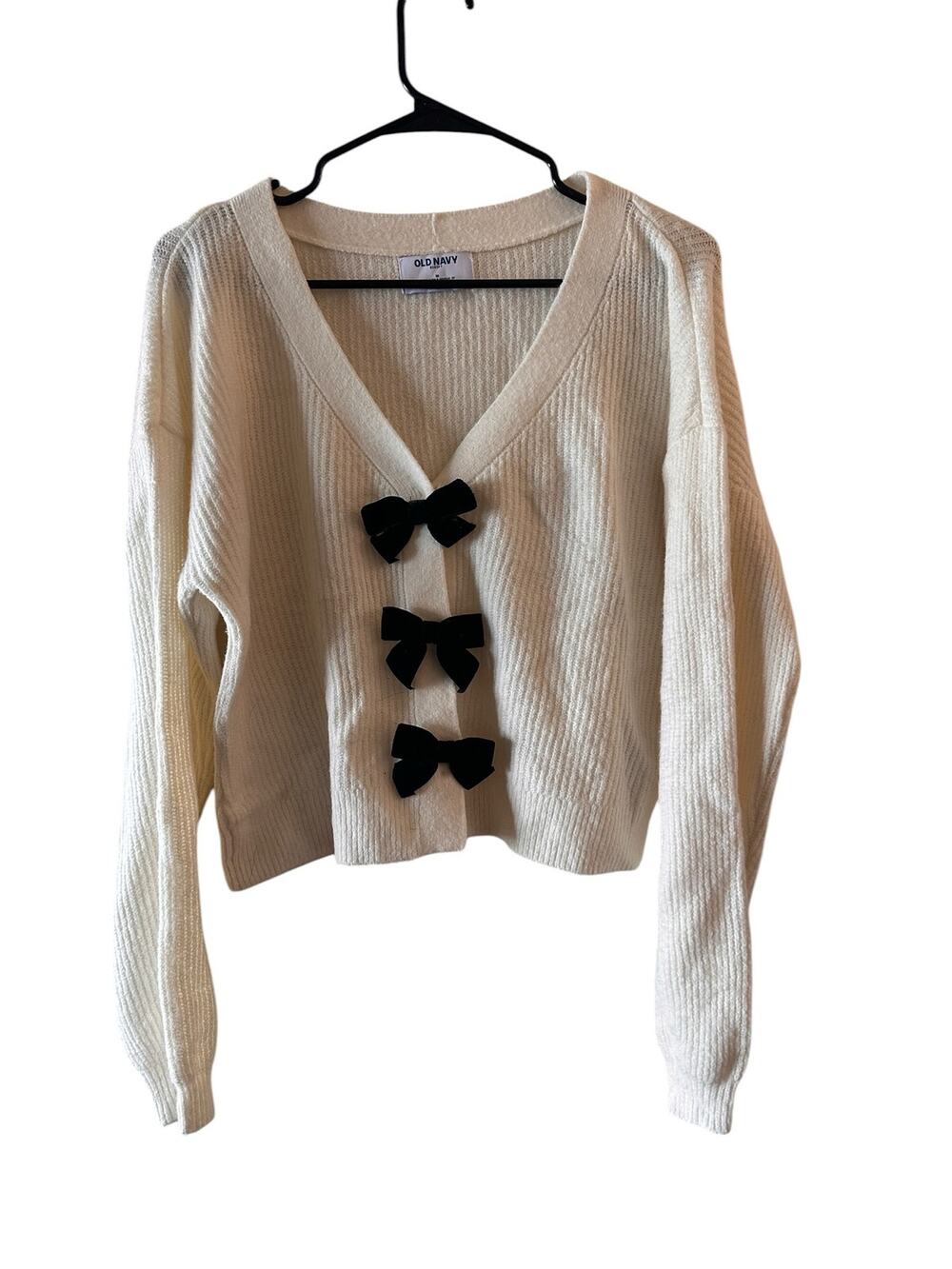 Old Navy White Black Bow Detail Long Sleeve Knit Sweater Women Sz M